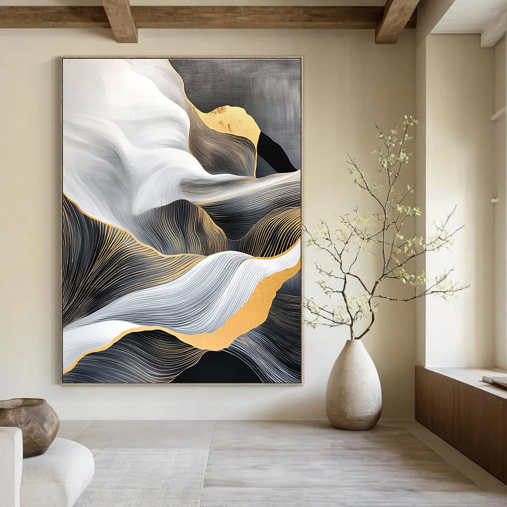 Golden - Lined Wave Abstract Painting for Sophisticated Living Rooms GAB0820
