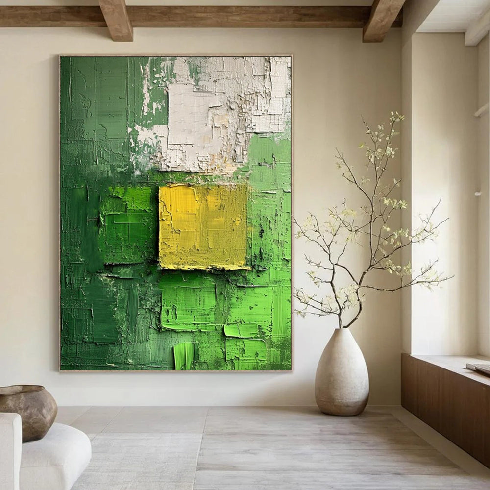 Green and Yellow Textured Abstract Painting for Eco - Friendly Retail Spaces HENG029