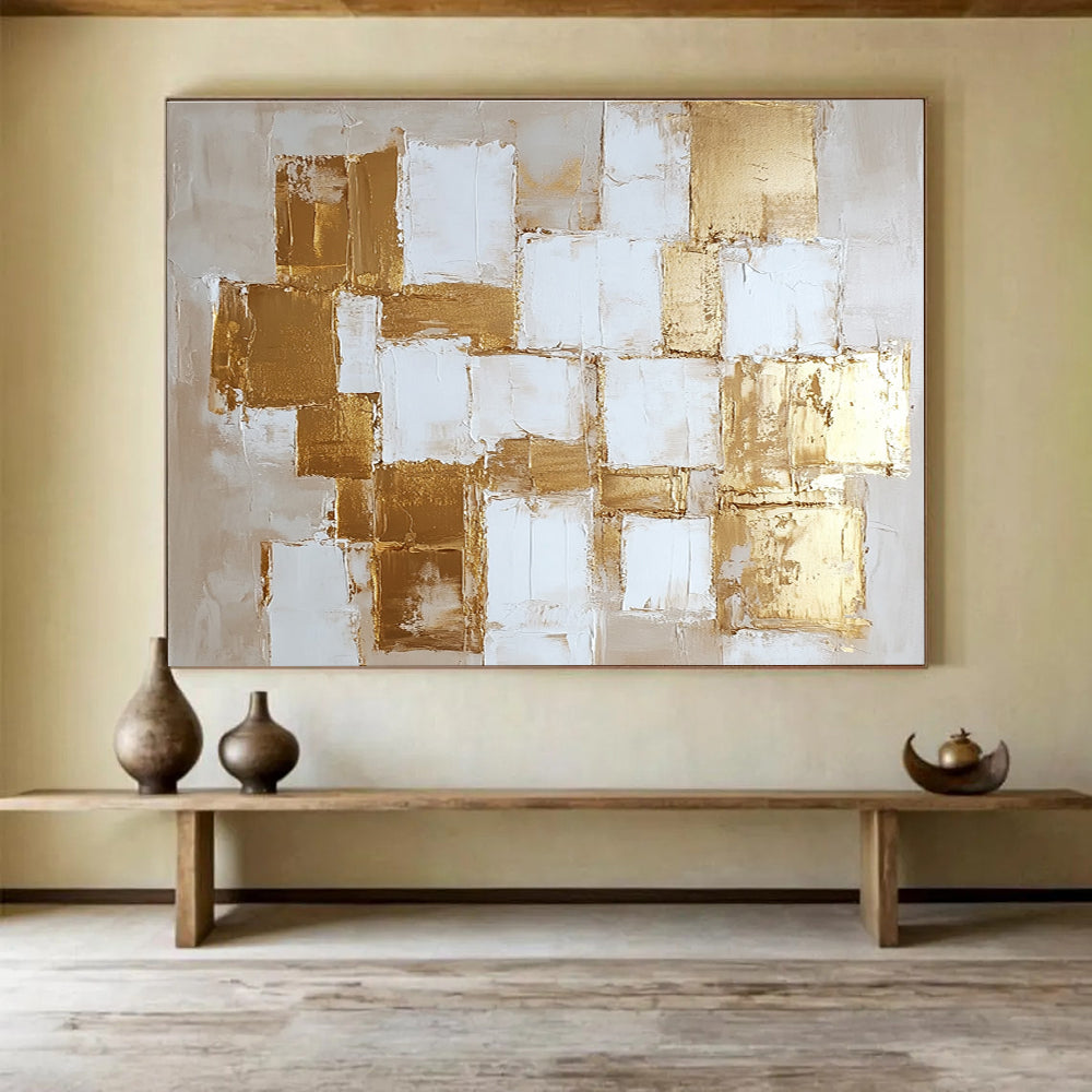 Gold and White Square Abstract Painting with Textured Elegance ABS451