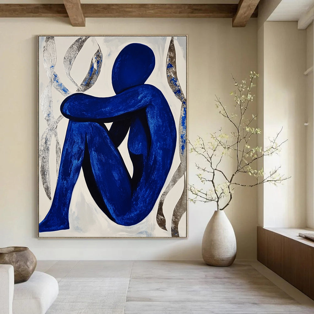 Blue Figure in Contemplation Abstract Painting with Silver Accents GAB0041