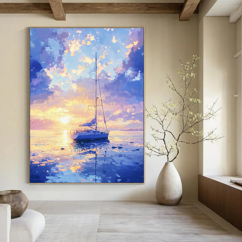 Serene Sailboat Sunset Abstract Painting with Dreamy Colors GAB0015
