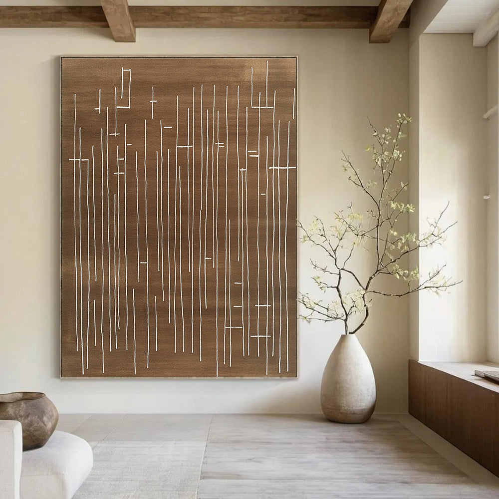 Brown and White Line Abstract Painting with Minimalist Design GAB0049
