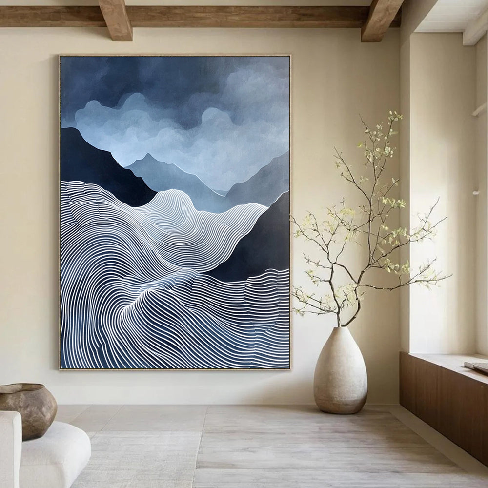 Blue and White Mountain Waves Serene Landscape Abstract Painting GAB0299