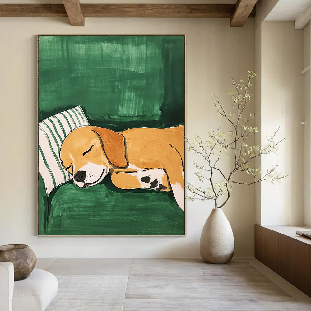 Sleeping Dog on Green Cozy Pet - Inspired Abstract Painting GAB0345