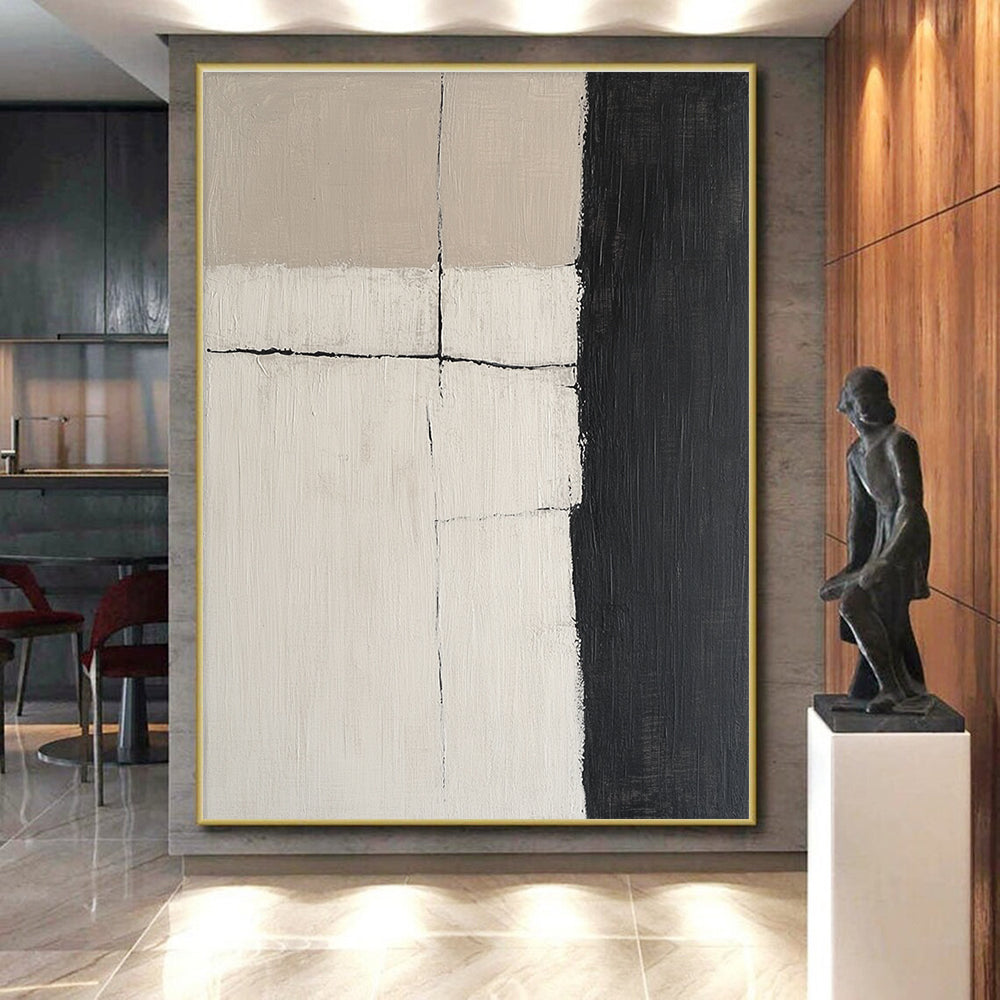 Beige and Black Grid Abstract Painting with Textured Surfaces WINK847