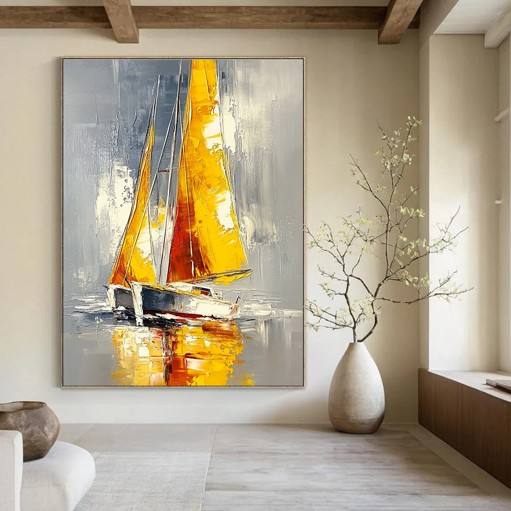 Yellow - Sailed Boat on Gray Water Abstract Painting for Nautical Spaces GAB1445