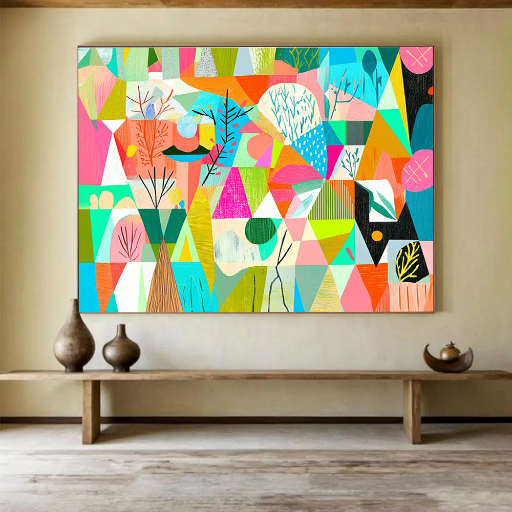 Geometric Nature Collage: Whimsical Landscape Reimagined Abstract Painting ABS154