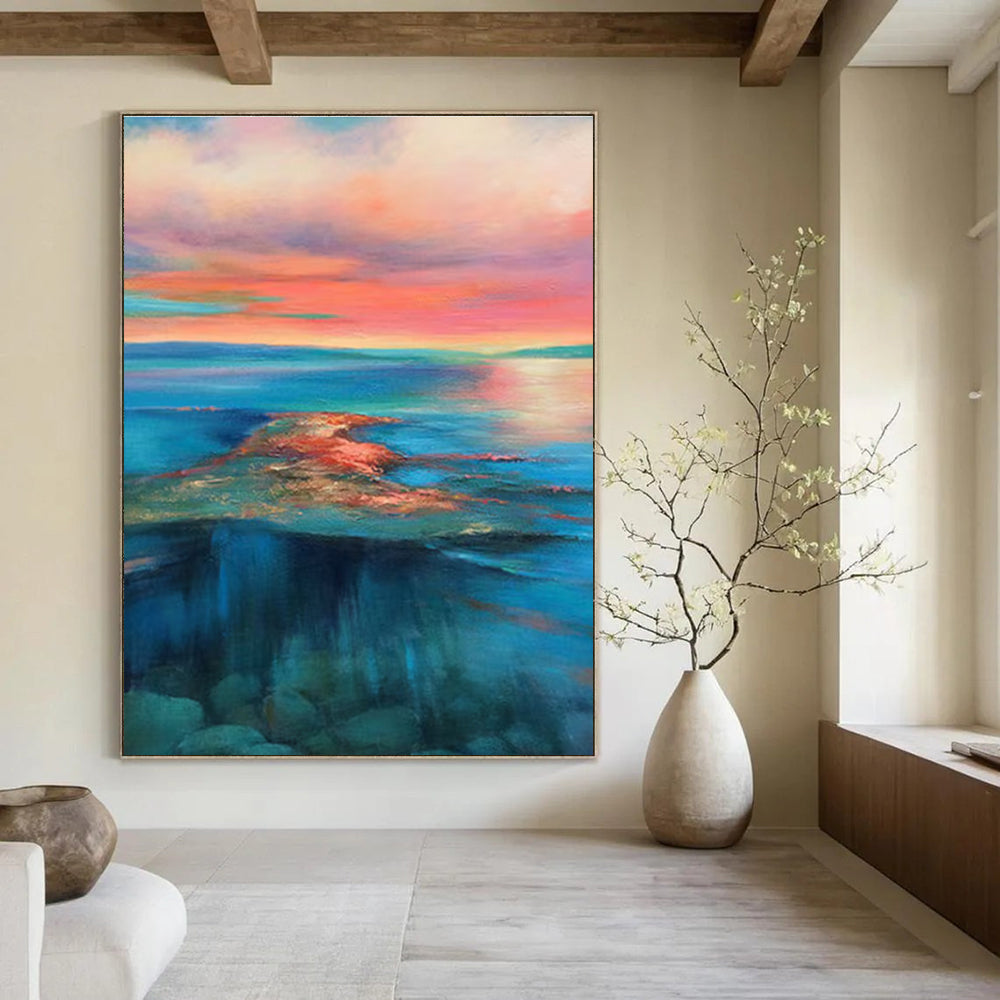 Serene Sunset Seascape Abstract Painting for Coastal Home Living Rooms HENG051