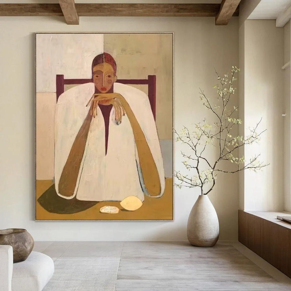 Seated Figure in White Cloak Abstract Painting for Contemplative Spaces HENG142