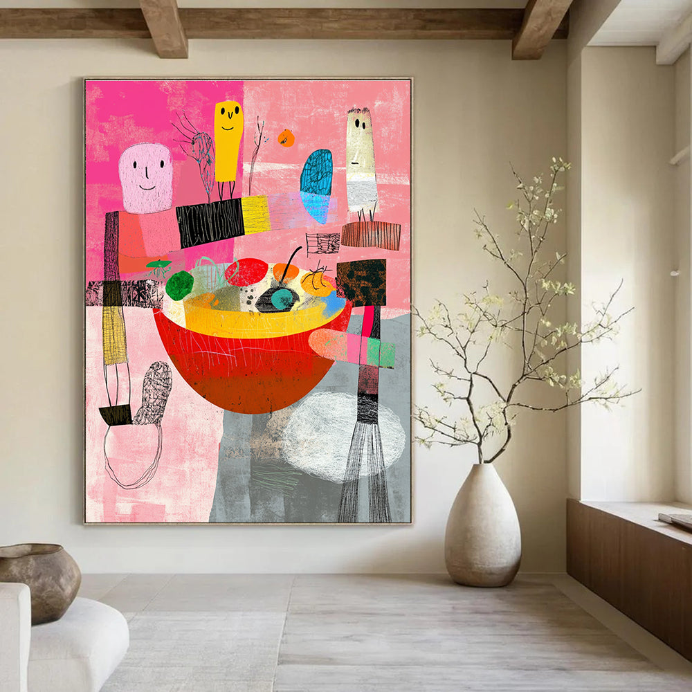 Pink and Colorful Figures Abstract Painting of Whimsical Gathering GAB0097