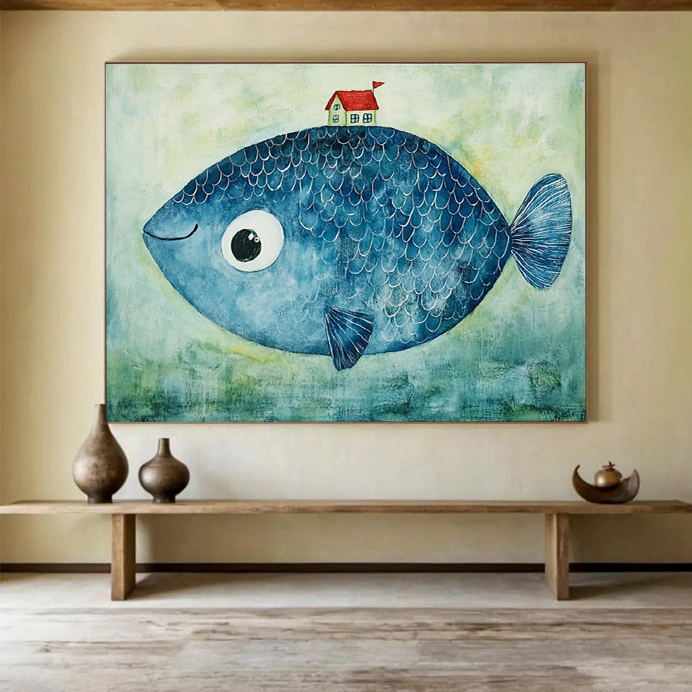Blue Fish with a House  Whimsical Fantasy ABS069