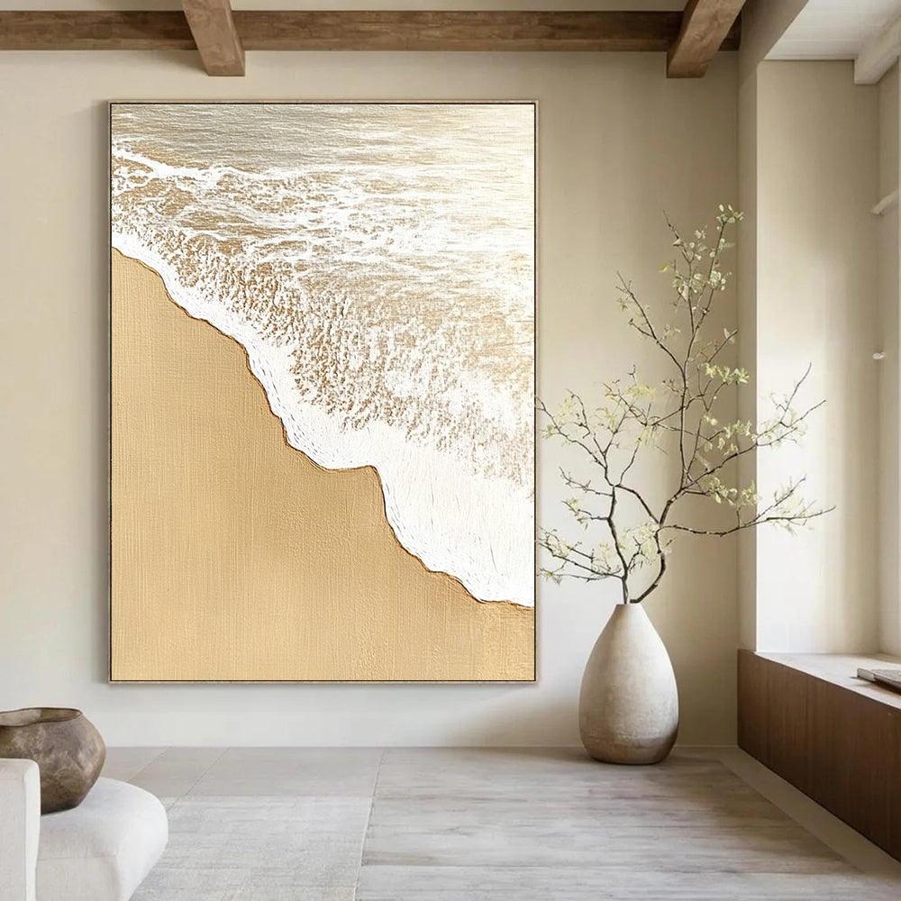 Sandy Beach with White Waves Abstract Painting with Coastal Charm GAB0077
