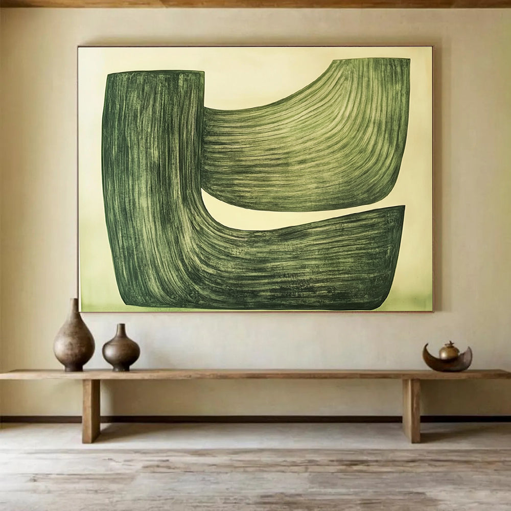 Green Curved Shapes Abstract Painting with Subtle Movement ABS611