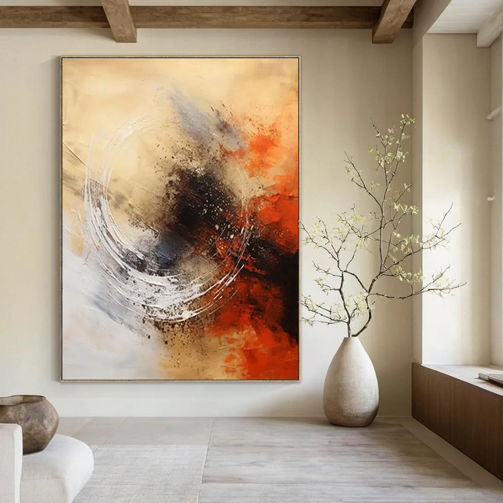 Beige - Orange - Black Abstract Painting for Artistic Dining Areas HENG121