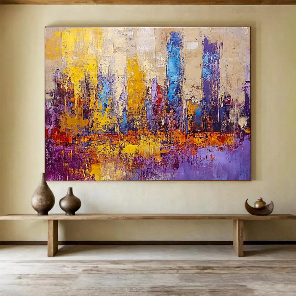 Colorful Cityscape Abstract Painting with Dynamic, Urban Energy ABS514