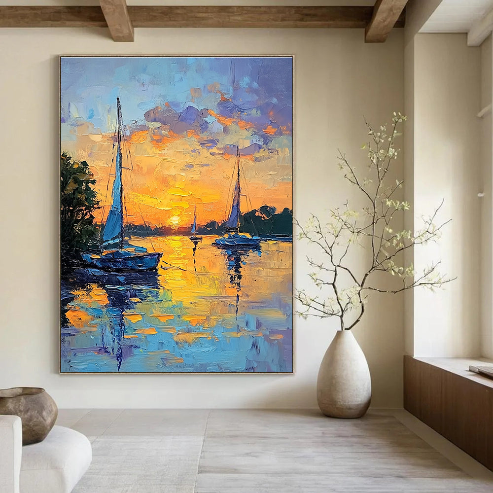 Sailboats at Sunset Serene Abstract Painting for Waterfront Homes GAB1439