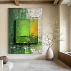 Green and Yellow Textured Squares Abstract Painting for Modern Dining Rooms HENG030