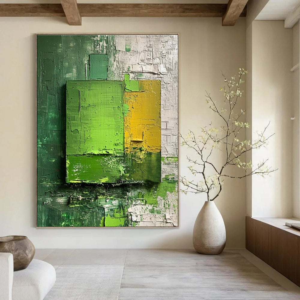 Green and Yellow Textured Squares Abstract Painting for Modern Dining Rooms HENG030