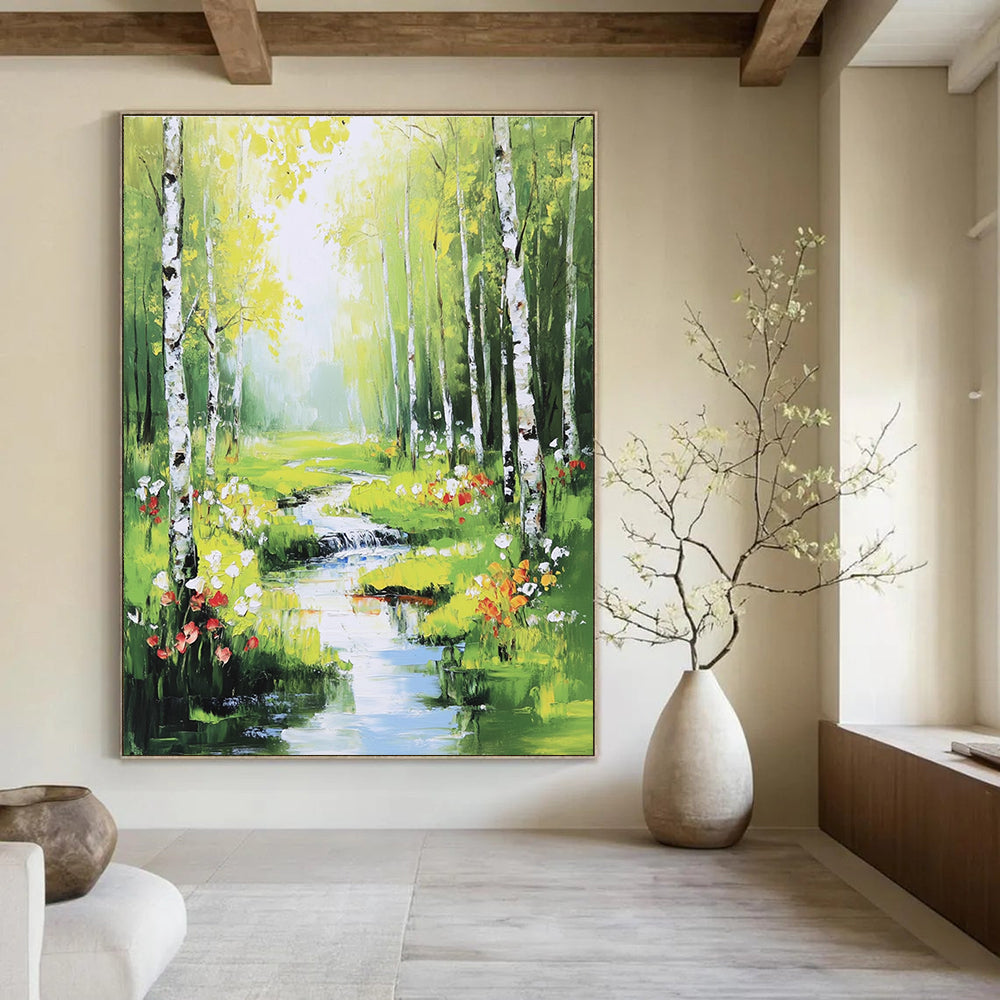 Enchanted Forest Stream Abstract Painting with Lush Greens GAB0013