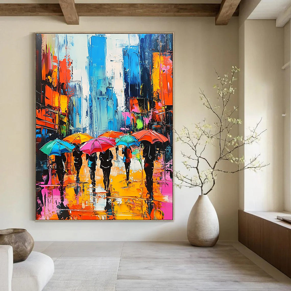 Colorful City Umbrella Scene Abstract Painting for Urban - Themed Restaurants GAB1266