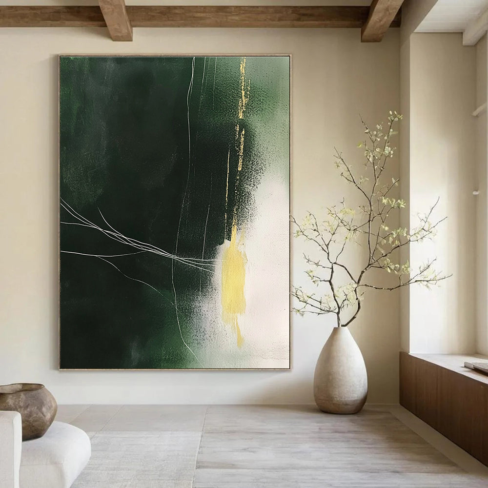 Dark Green with Gold and White Abstract Painting of Subtle Luxury GAB0182