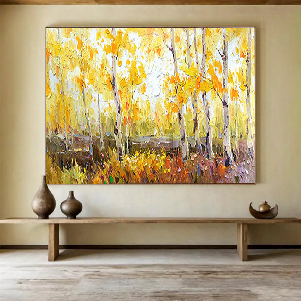 Autumn Birch Forest Abstract Painting for Cozy Cottage Interiors YHT212
