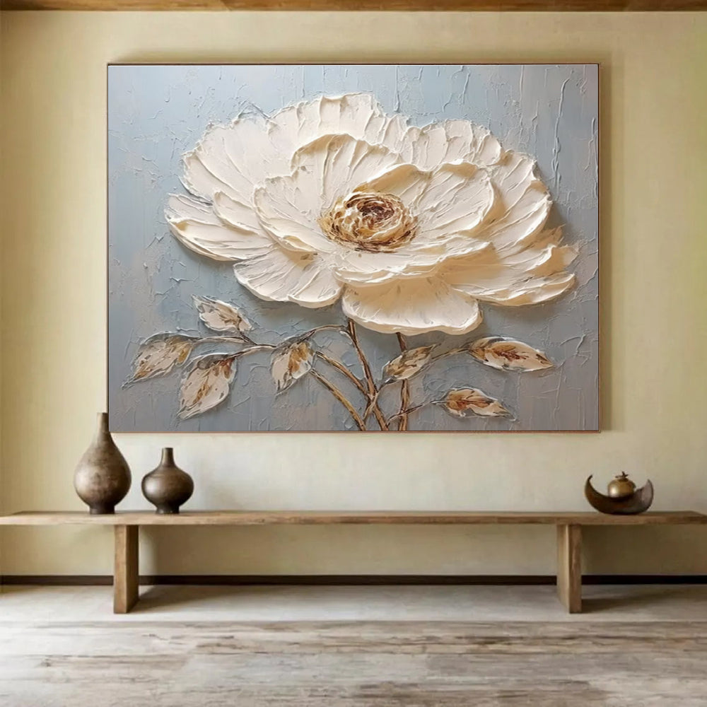 Textured White Flower Abstract Painting for Minimalist Interiors YHT175