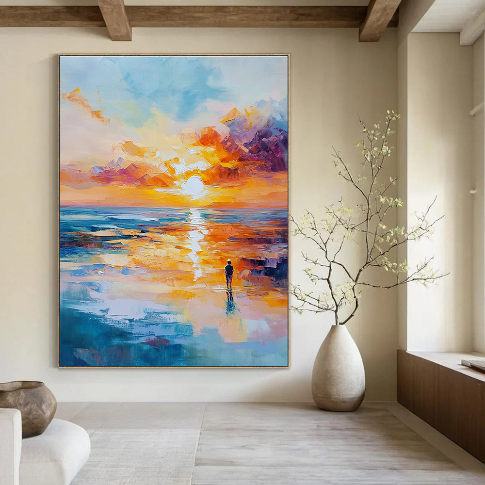 Solitary Figure Sunset Abstract Painting with Emotional Depth GAB0011