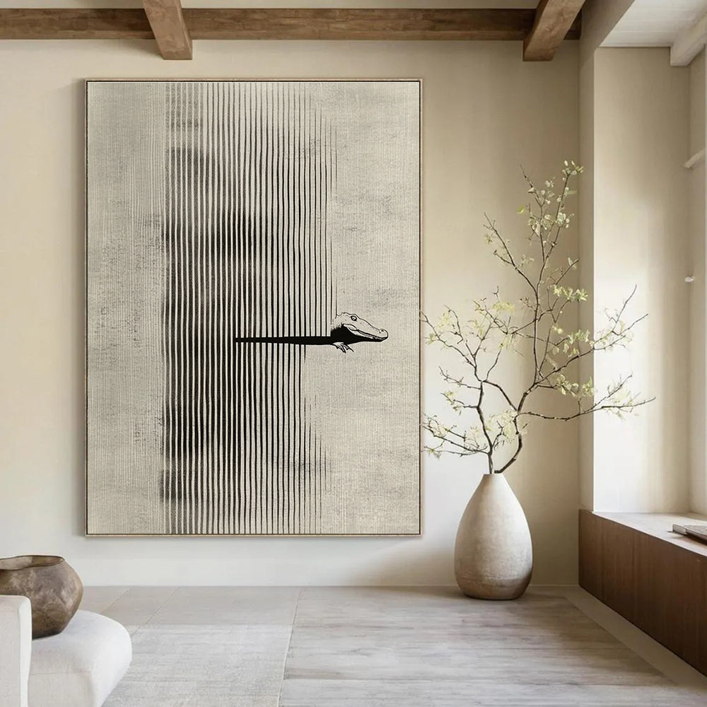 Alligator in Stripes Whimsical Minimalist Abstract Painting GAB0341
