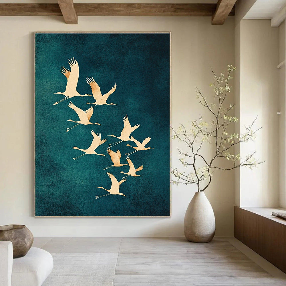 Flying Cranes I Abstract Painting for Asian - Inspired Living Rooms GAB1342