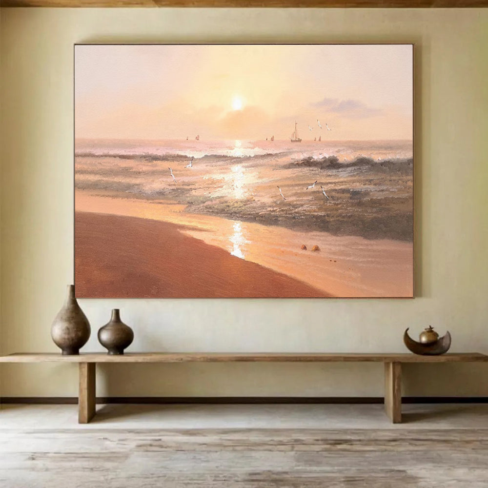 Beach Sunset with Birds Abstract Painting for Coastal Resort Lobbies YHT266