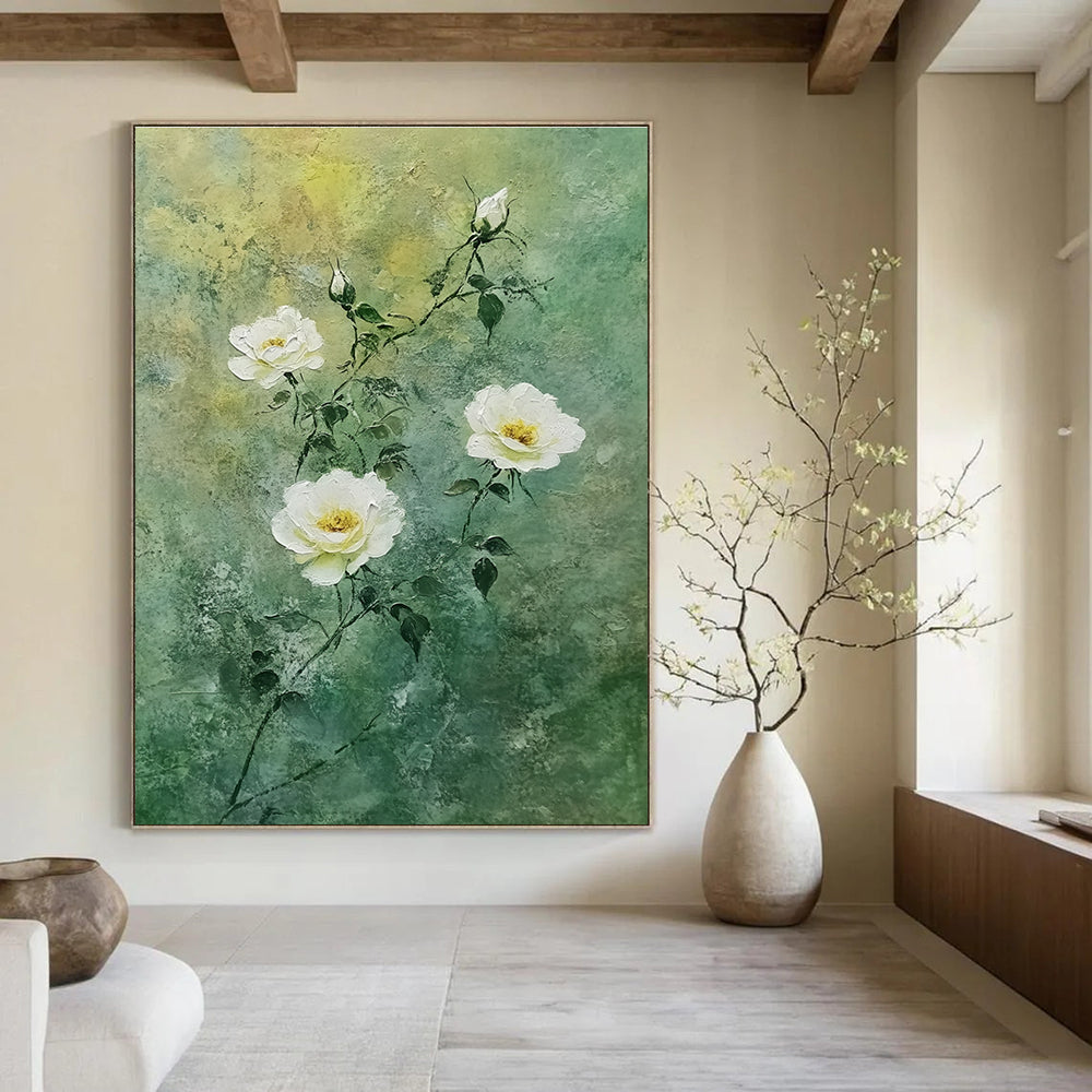 White Roses on Green Delicate Abstract Painting for Fresh Interiors GAB1538