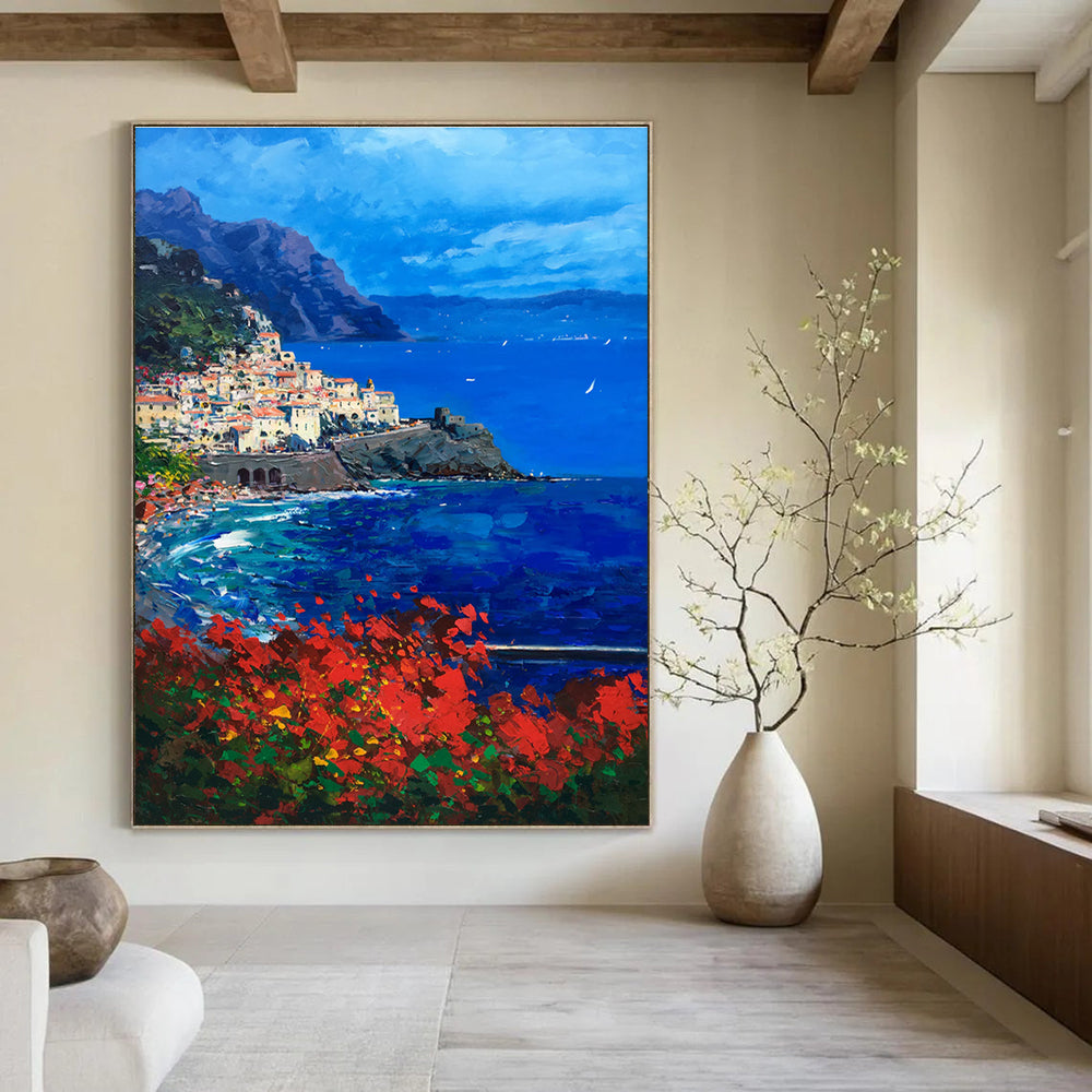 Coastal Village with Mountains Abstract Painting for Italian - Inspired Villas HENG533