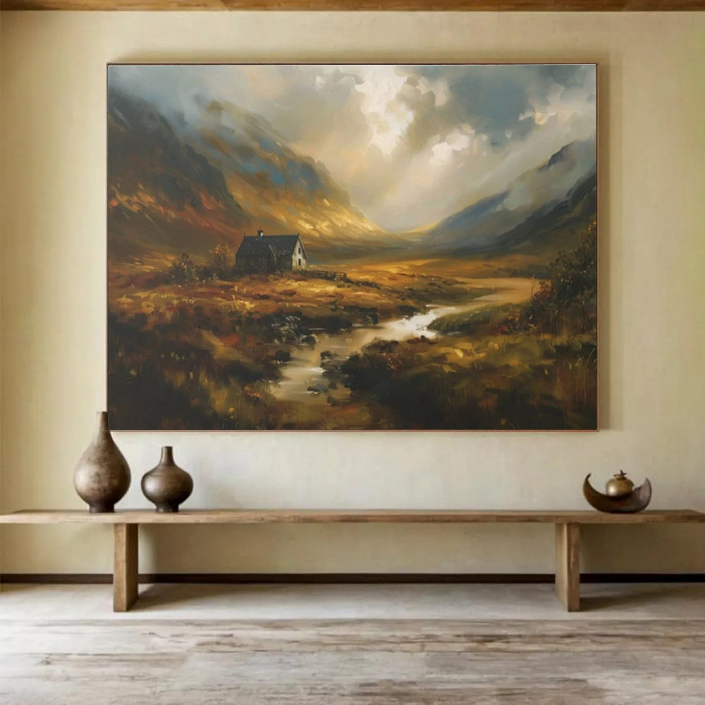 Mountain Cottage Abstract Painting for Rustic Lodge Living Rooms YHT402