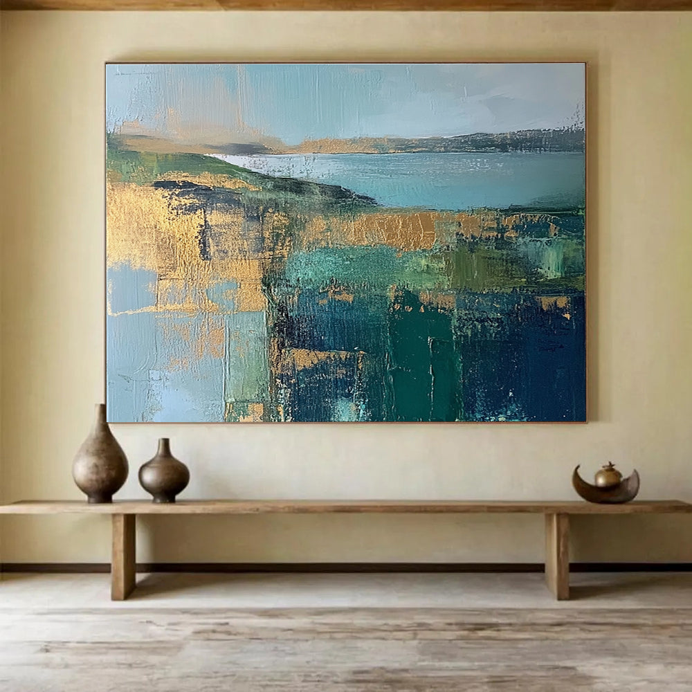Coastal Landscape Abstract Painting with Teal and Gold ABS268