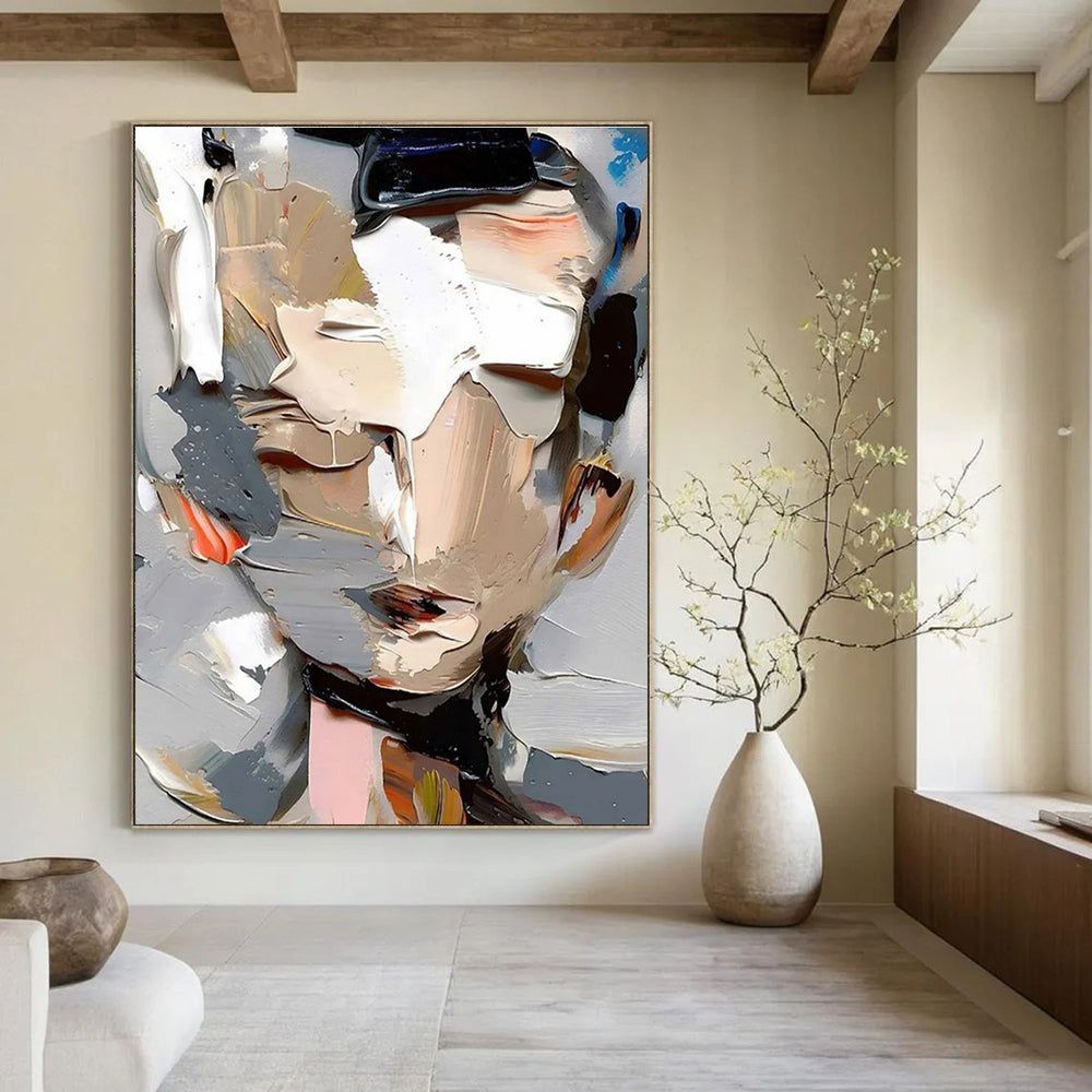 Abstract Portrait with Layered Paints Painting for Contemporary Art Spaces HENG320