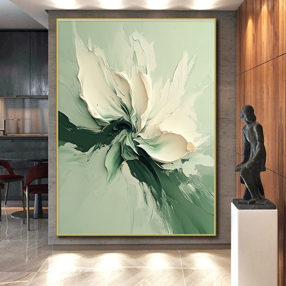 Green White Flower Abstract Painting with Textured Floral WINK569