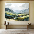 Mountain Valley with River Abstract Painting with Lush Greens ABS597