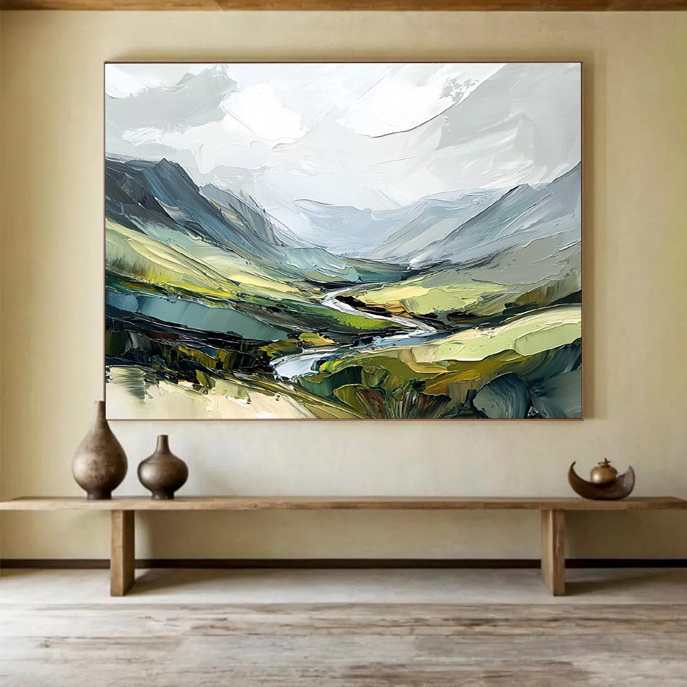 Mountain Valley with River Abstract Painting with Lush Greens ABS597