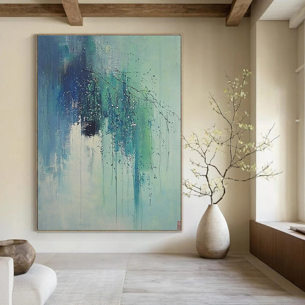 Blue and Green Dripping Branches Abstract Painting of Ethereal Nature GAB0174