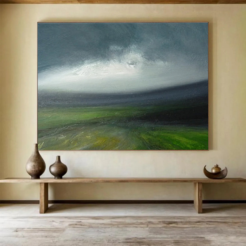 Green Field and Cloudy Sky Landscape Abstract Painting for Nature - Loving Spaces YHT028