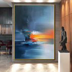 Blue Orange Gray Abstract Painting with Dramatic Sunset Vibes WINK472