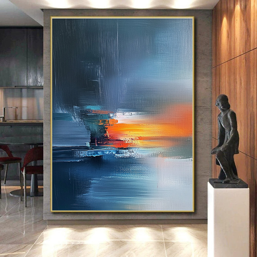 Blue Orange Gray Abstract Painting with Dramatic Sunset Vibes WINK472