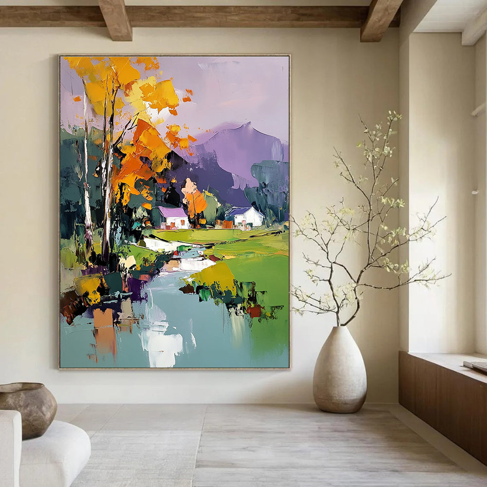 Colorful Village Landscape Abstract Painting for Bohemian - Style Country Homes GAB1347