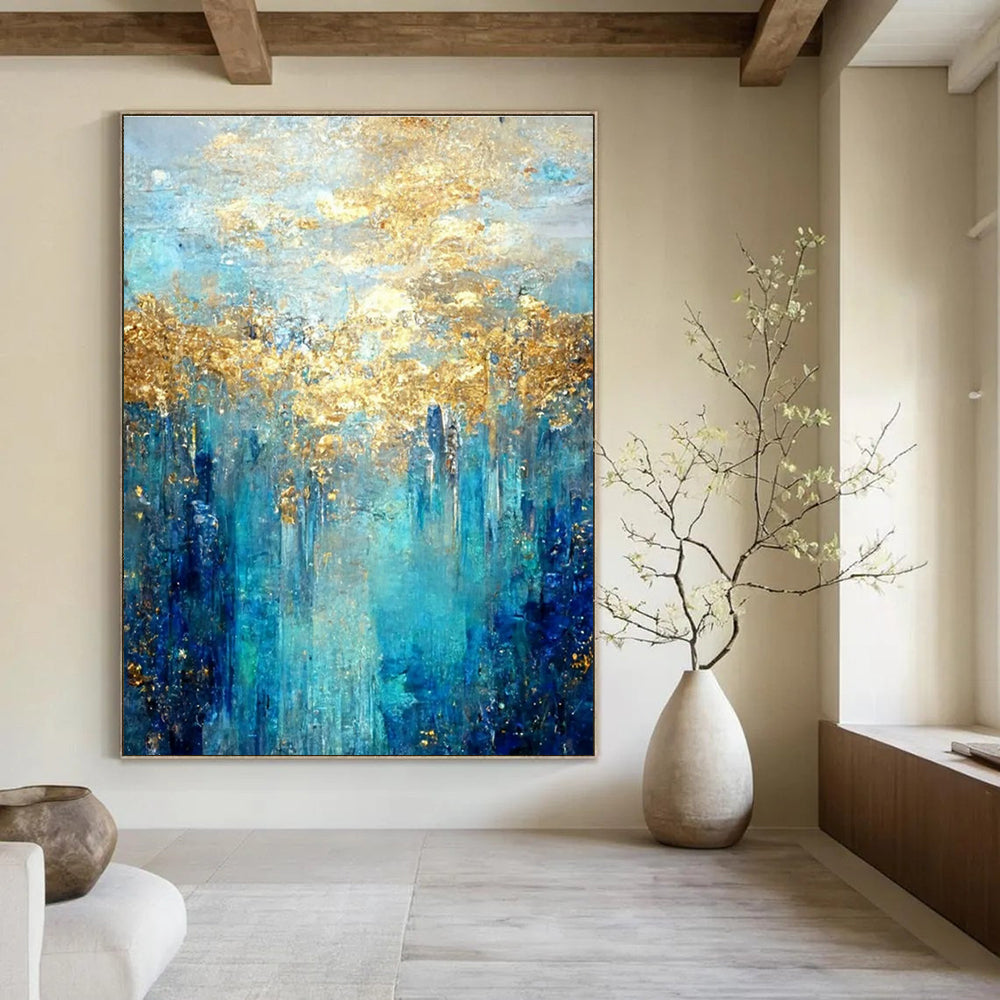 Enchanted Blue - Gold Forest Abstract Painting for Nature - Themed Cafes HENG065