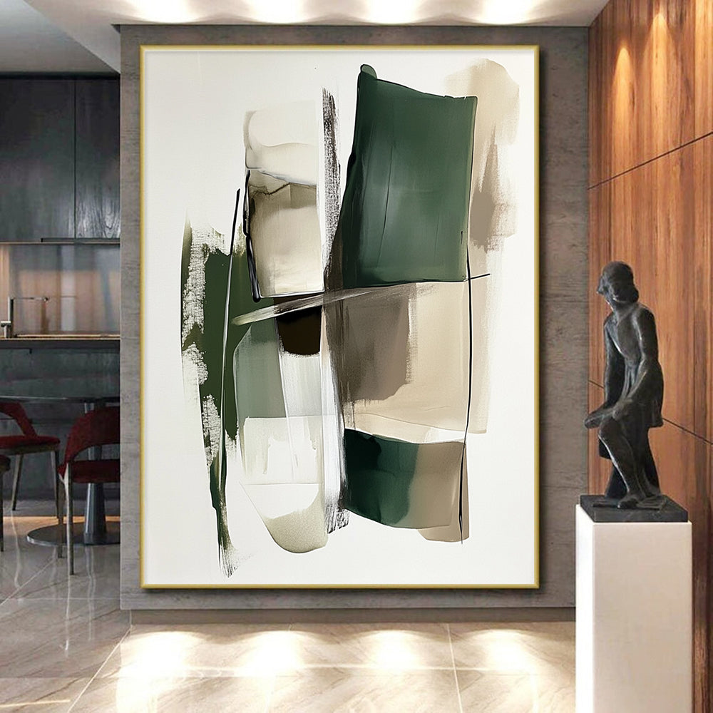 Green Beige Abstract Painting with Layered Geometry WINK560