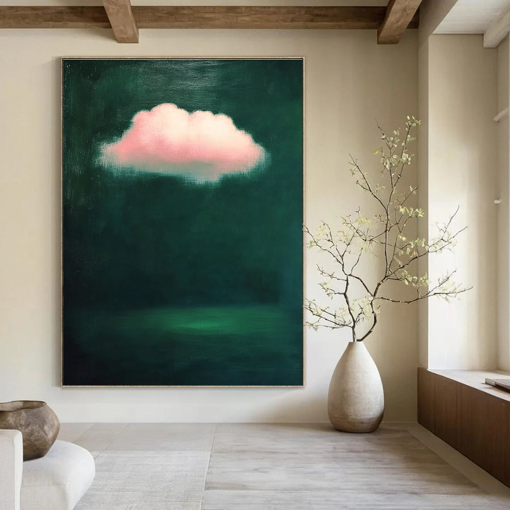 Pink Cloud on Dark Green Dreamy Abstract Painting for Thoughtful Spaces GAB1447