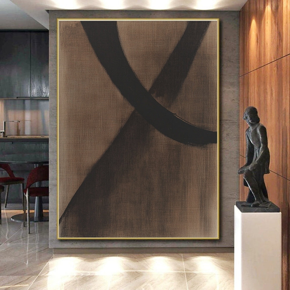 Black Curved Lines on Brown Abstract Painting with Bold Grace WINK046