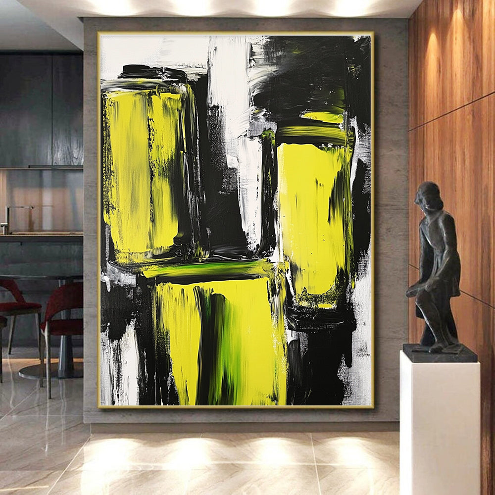 Vibrant Yellow Black Abstract Painting with Energetic Contrast WINK593