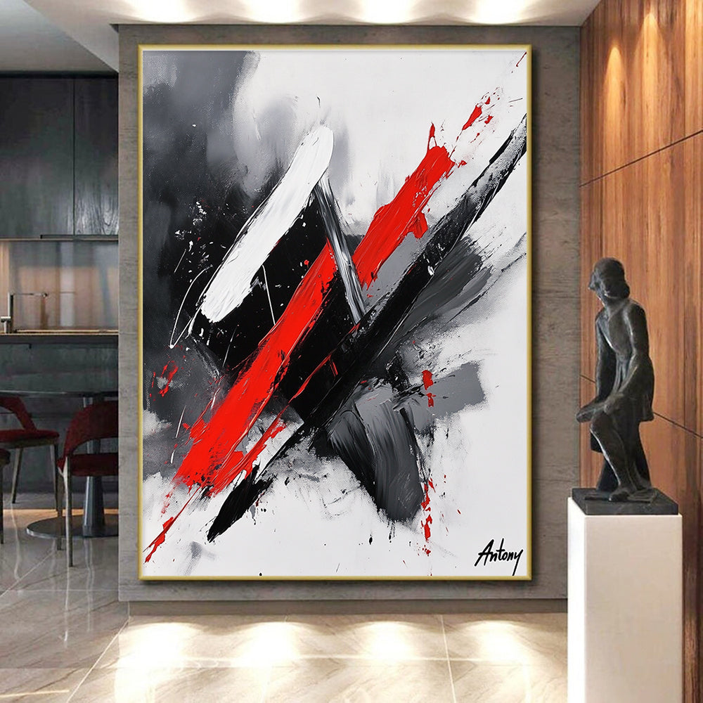 Red, Black, and White Dynamic Strokes Abstract Painting with Energetic Flair WINK245
